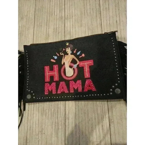Montana West Handbags - Montana West "Hot Mama" Black Leather Wristlet Bag Floral Fringe Studs